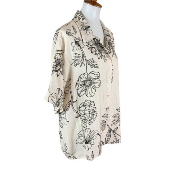 Klesis Floral Print Button Down Short Sleeve Shirt Blouse Black White Boho Large - Picture 3 of 6
